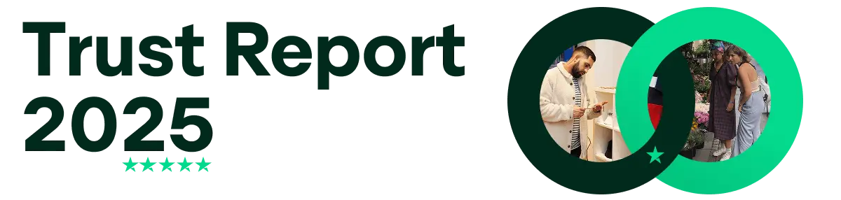 A graphic with 'Trust Report 2025' written in a large font on the left, with an intertwining circle on the right. Each circle displays a photo of people browsing in stores. It also features the Trustpilot star.