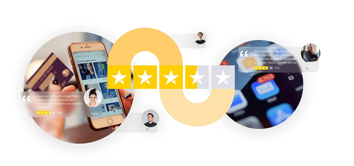 A collage of digital experiences, including a hand holding a smartphone displaying an e-commerce app and a credit card, overlaid with customer reviews, star ratings, and an abstract yellow ribbon.