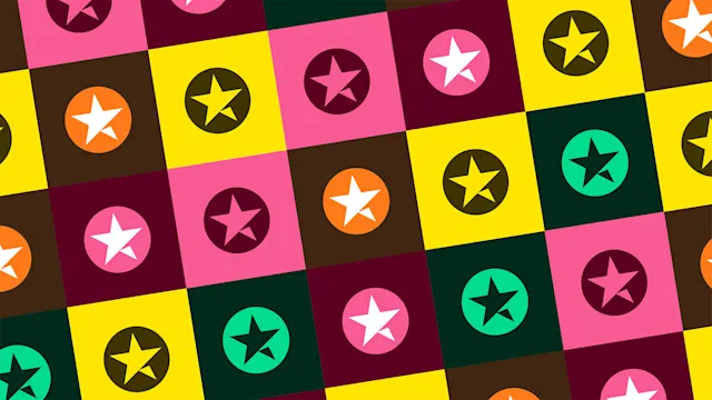 A graphic displaying a repeat pattern of Trustpilot stars in the brand colours - Green, Pink, Yellow and Orange